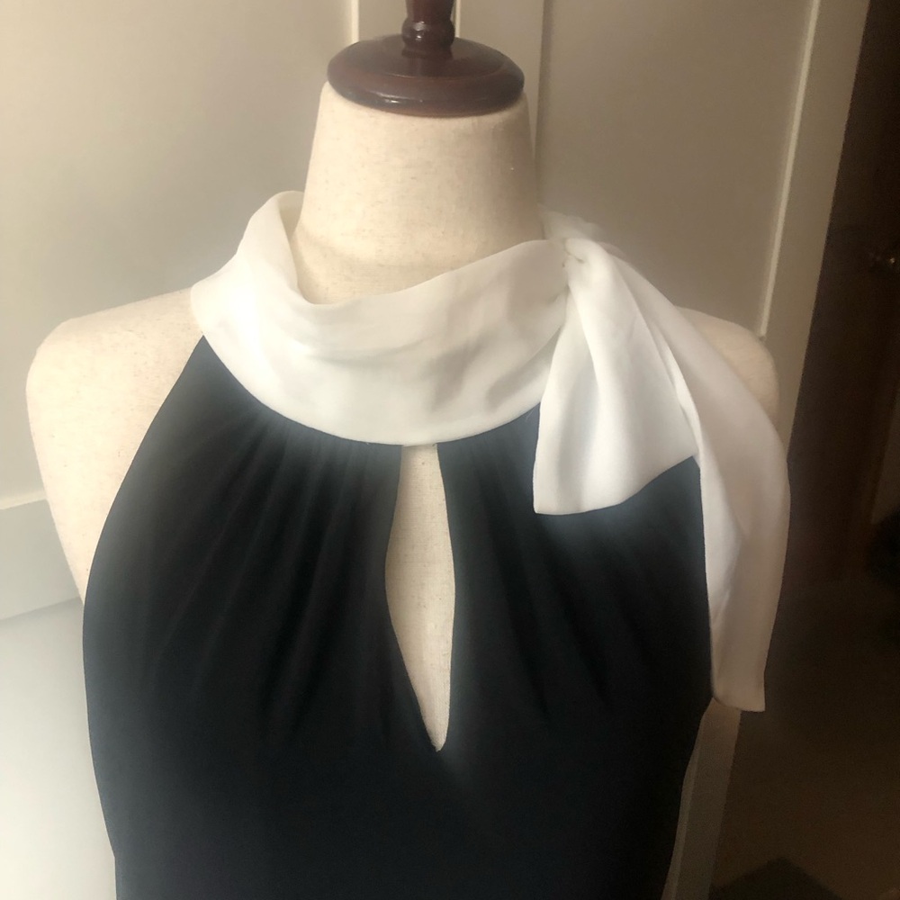 White House Black Market Black Midi Halter Dress with White Neck Tie - Picture 3 of 7